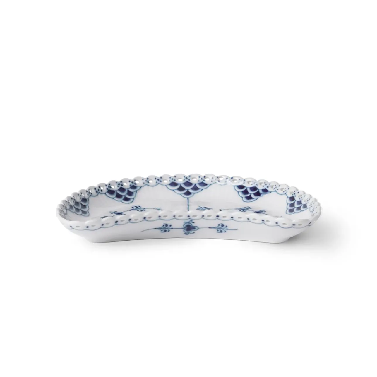 Eksklusive Steldele|Musselmalet Helblonde*Royal Copenhagen Musselmalet Helblonde halvmåneformet fad, 22 cm