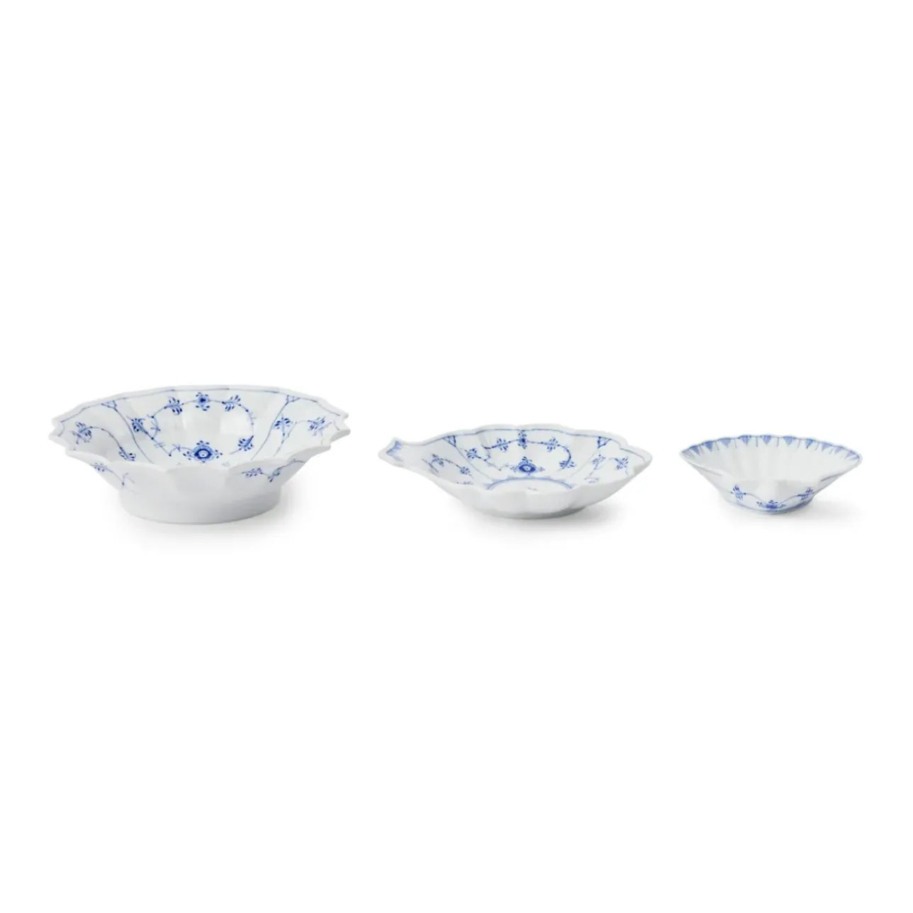 Eksklusive Steldele|Musselmalet Riflet*Royal Copenhagen Musselmalet Riflet serveringssæt, 17,5 cm, 15,5 cm, 10,5 cm, 3 stk.