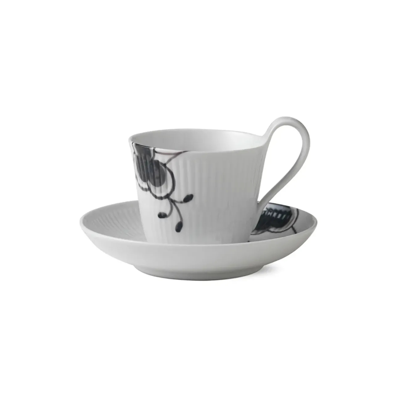 Sort Mega Riflet|Kaffekopper*Royal Copenhagen Sort Mega Riflet højhankskop og underkop, 24 cl